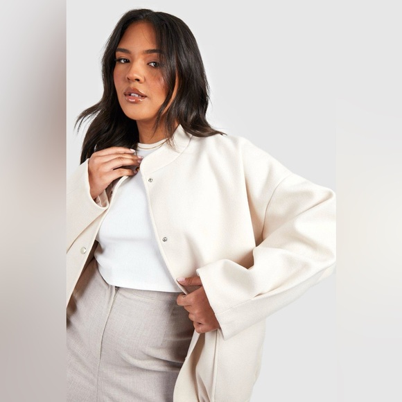 BOOHOO Wool Look Oversized Bomber Jacket - Cream (Sz 10) - Picture 2 of 6